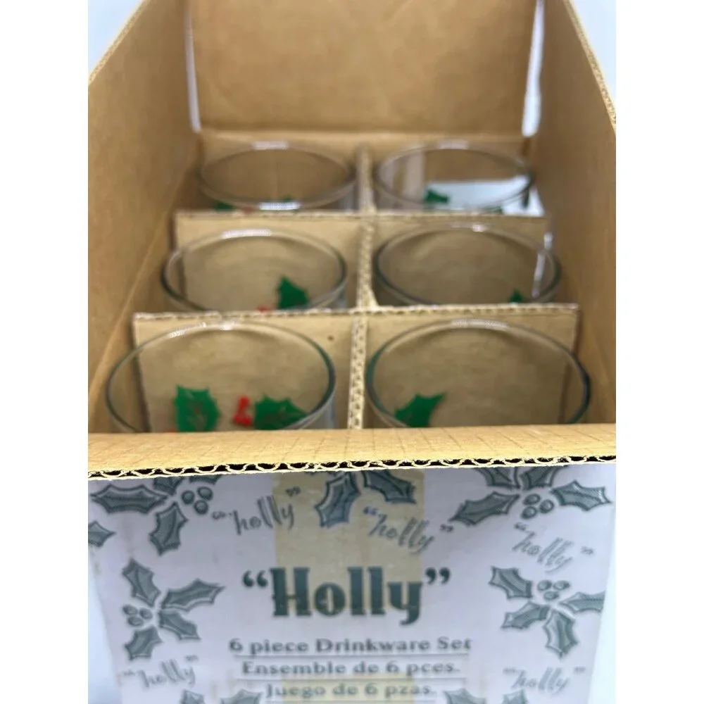 VTG NIB Indiana Glass Holly 6Pc Holiday Cooler Berry Glasses Christmas Drinkware